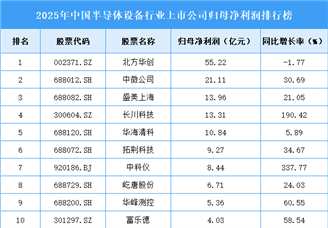 2025年中國半導(dǎo)體設(shè)備行業(yè)A股上市公司凈利潤排行榜（附榜單）