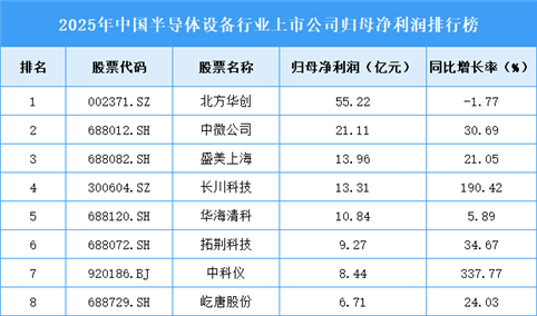 2025年中国半导体设备行业上市公司净利润排行榜（附榜单）