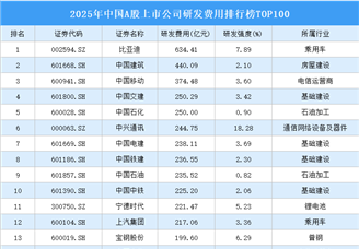 2025年中国A股上市公司研发支出排行榜TOP100（附榜单）