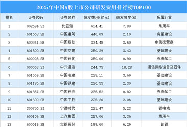 2025年中国A股上市公司研发支出排行榜TOP100（附榜单）