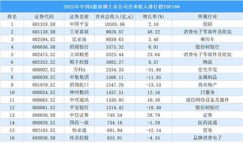 2025年中国A股深圳上市公司营业收入排行榜TOP100（附榜单）