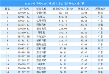 2025年中国锂电池行业A股上市公司营业收入排行榜（附榜单）