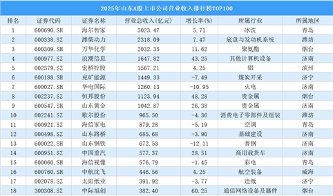 2025年山东A股上市公司营业收入排行榜TOP100（附榜单）