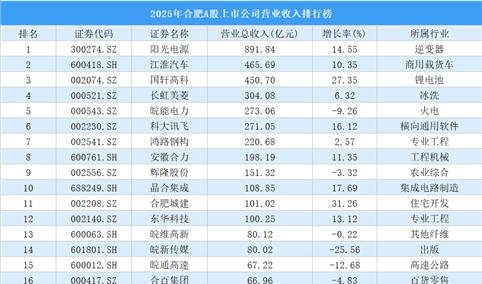 2025年合肥A股上市公司营业收入排行榜（附榜单）