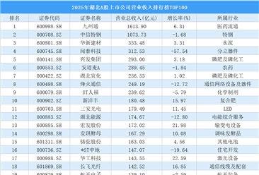 2025年湖北A股上市公司营业收入排行榜TOP100（附榜单）