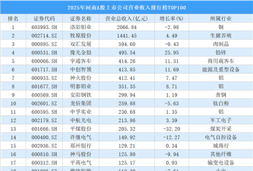 2025年河南A股上市公司营业收入排行榜TOP100（附榜单）