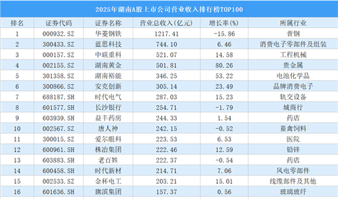 2025年湖南A股上市公司营业收入排行榜TOP100（附榜单）