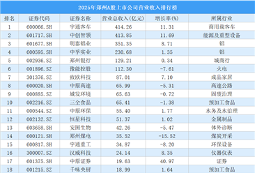 2025年郑州A股上市公司营业收入排行榜（附榜单）
