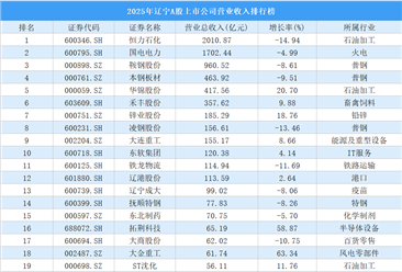2025年辽宁A股上市公司营业收入排行榜（附榜单）
