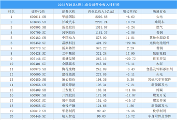 2025年河北A股上市公司营业收入排行榜（附榜单）