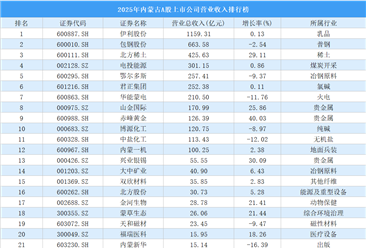 2025年内蒙古A股上市公司营业收入排行榜（附榜单）