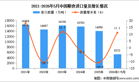 2026年1-5月中国粮食进口数据统计分析：进口量5373万吨