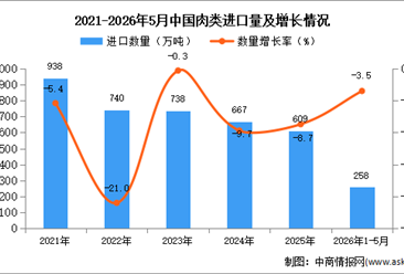 2026年1-5月中国肉类进口数据统计分析：进口量258万吨