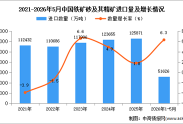 2026年1-5月中国铁矿砂及其精矿进口数据统计分析：进口量同比增长6.3%