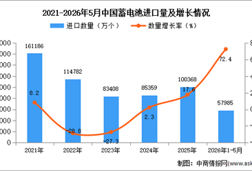 2026年1-5月中国蓄电池进口数据统计分析：进口量57985万个