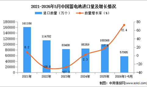 2026年1-5月中国蓄电池进口数据统计分析：进口量57985万个