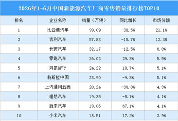2026年1-6月中国新能源汽车厂商零售销量排行榜TOP10（附榜单）