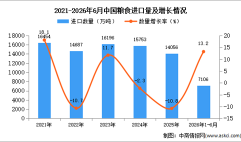 2026年1-6月中国粮食进口数据统计分析：进口量7106万吨