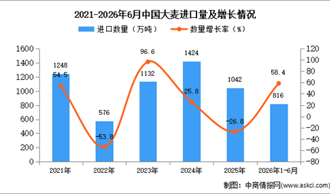 2026年1-6月中国大麦进口数据统计分析：进口量同比增长58.4%