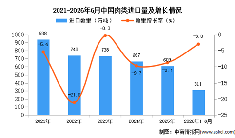 2026年1-6月中国肉类进口数据统计分析：进口量31万吨