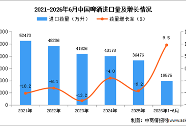 2026年1-6月中国啤酒进口数据统计分析：进口量同比增长9.5%