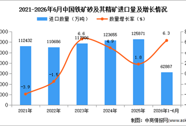 2026年1-6月中国铁矿砂及其精矿进口数据统计分析：进口量同比增长6.3%