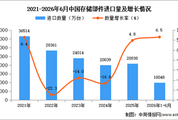 2026年1-6月中国存储部件进口数据统计分析：进口量同比增长6.5%
