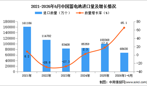 2026年1-6月中国蓄电池进口数据统计分析：进口量68630万个