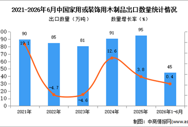2026年1-6月中国家用或装饰用木制品出口数据统计分析：出口量45万吨