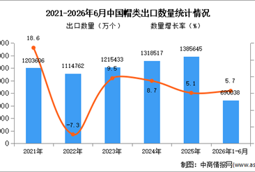2026年1-6月中国帽类出口数据统计分析：出口量同比增长5.7%