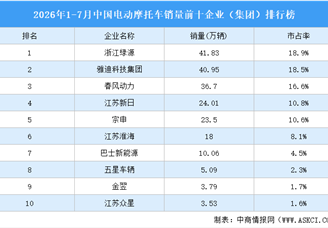 2026年1-7月中国电动摩托车销量前十企业（集团）排行榜（附榜单）