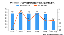 2026年1-7月中国未锻轧铜及铜材进口数据统计分析：进口金额同比增长28.7%（图）