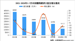 2026年1-7月中国葡萄酒进口数据统计分析：进口量同比减少11.2%（图）