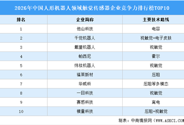 2026年中国人形机器人领域触觉传感器企业竞争力排行榜TOP10（附榜单）