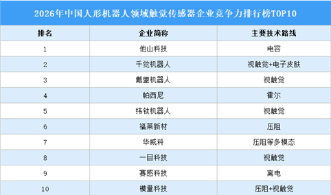 2026年中国人形机器人领域触觉传感器企业竞争力排行榜TOP10（附榜单）