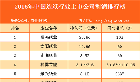 2016年中国造纸行业上市公司利润排行榜