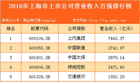 2016年上海市上市公司营业收入百强排行榜