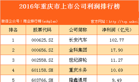 2016年重庆上市公司利润排行榜