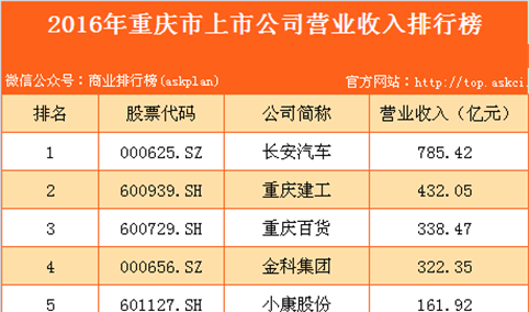 2016年重庆市上市公司营业收入排行榜