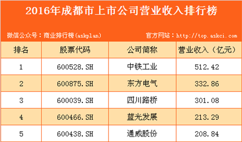 2016年成都市上市公司营业收入排行榜