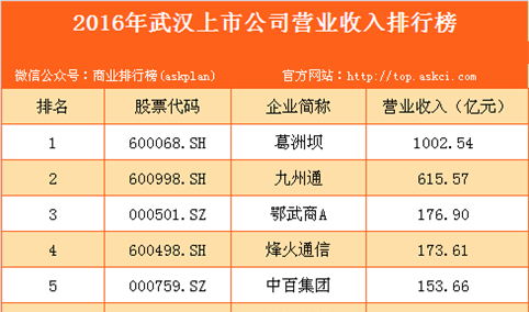 2016年武汉市上市公司营业收入排行榜