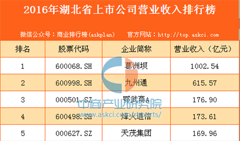 2016年湖北上市公司营业收入排行榜