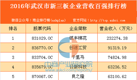 2016年武汉市新三板企业营收百强排行榜