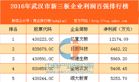 2016年武汉市新三板企业利润百强排行榜