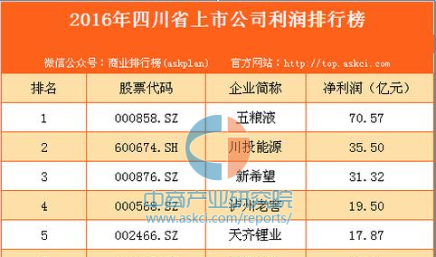 2016年四川省上市公司利润排行榜