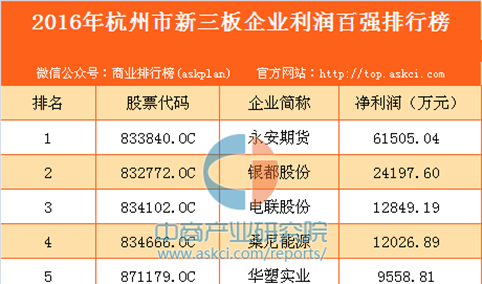 2016年杭州市新三板企业利润百强排行榜