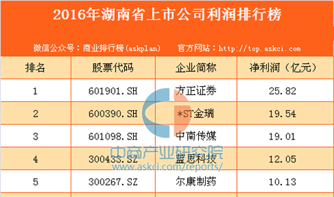 2016年湖南省上市公司利润排行榜