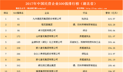 2017年民营企业500强排行榜（湖北全名单）