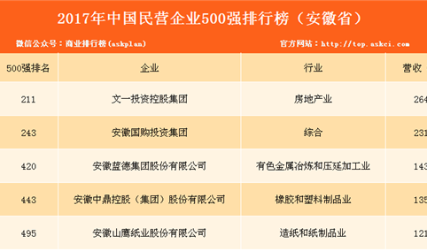 2017年民营企业500强排行榜（安徽全名单）