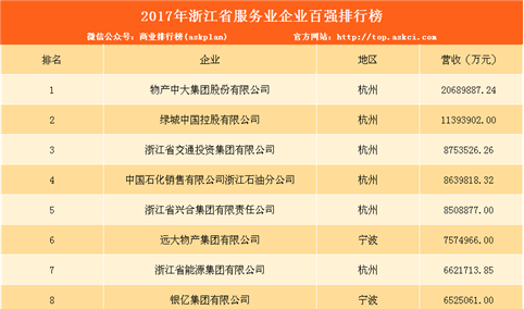 2017年浙江省服务业企业100强排行榜（TOP100）